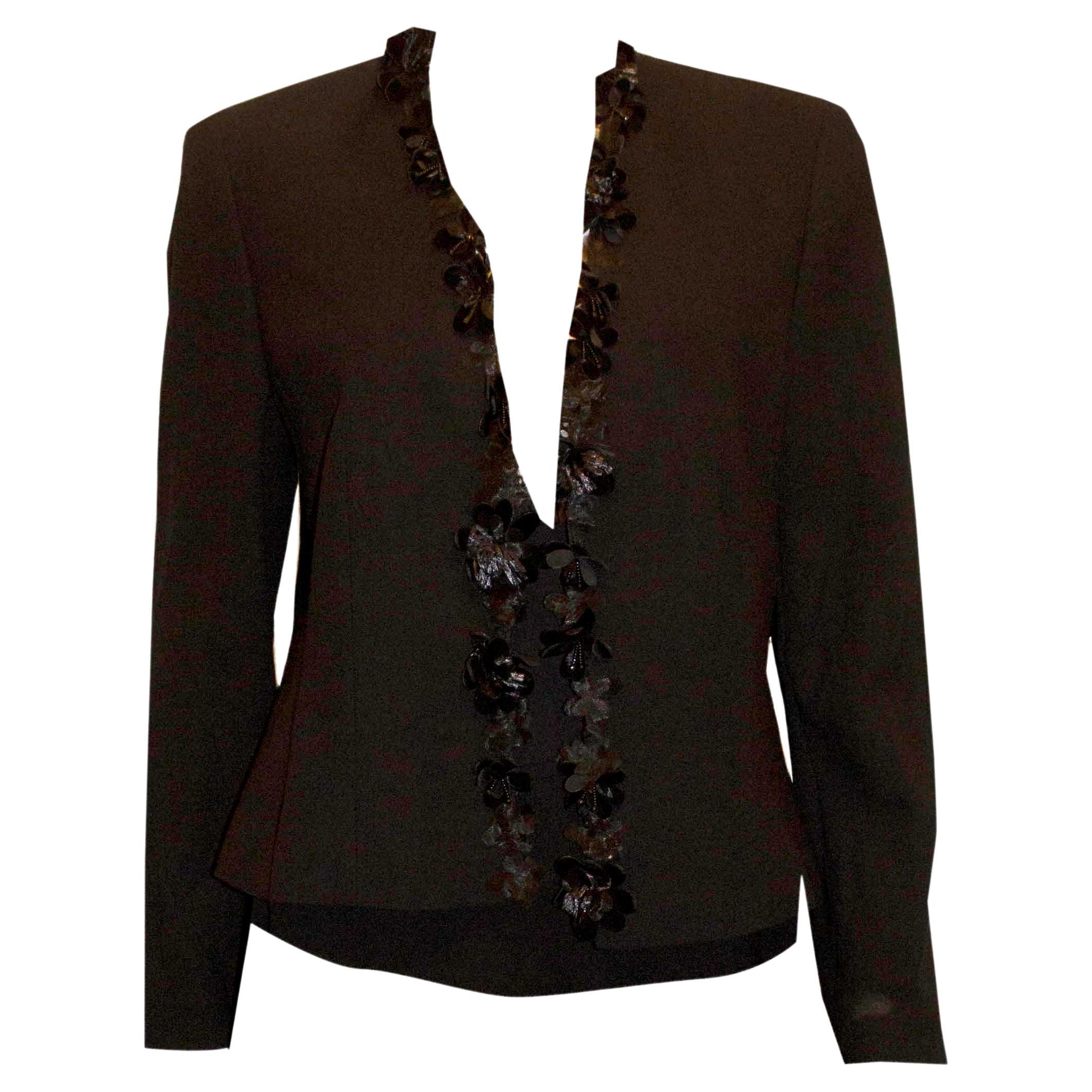 Escada Black Wool Skirt Suit with Flower Detail For Sale