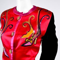 Escada Blazer in Rot Schwarz und Rosa Neuheit Schuh Lover Print 1980er Jahre Jacke