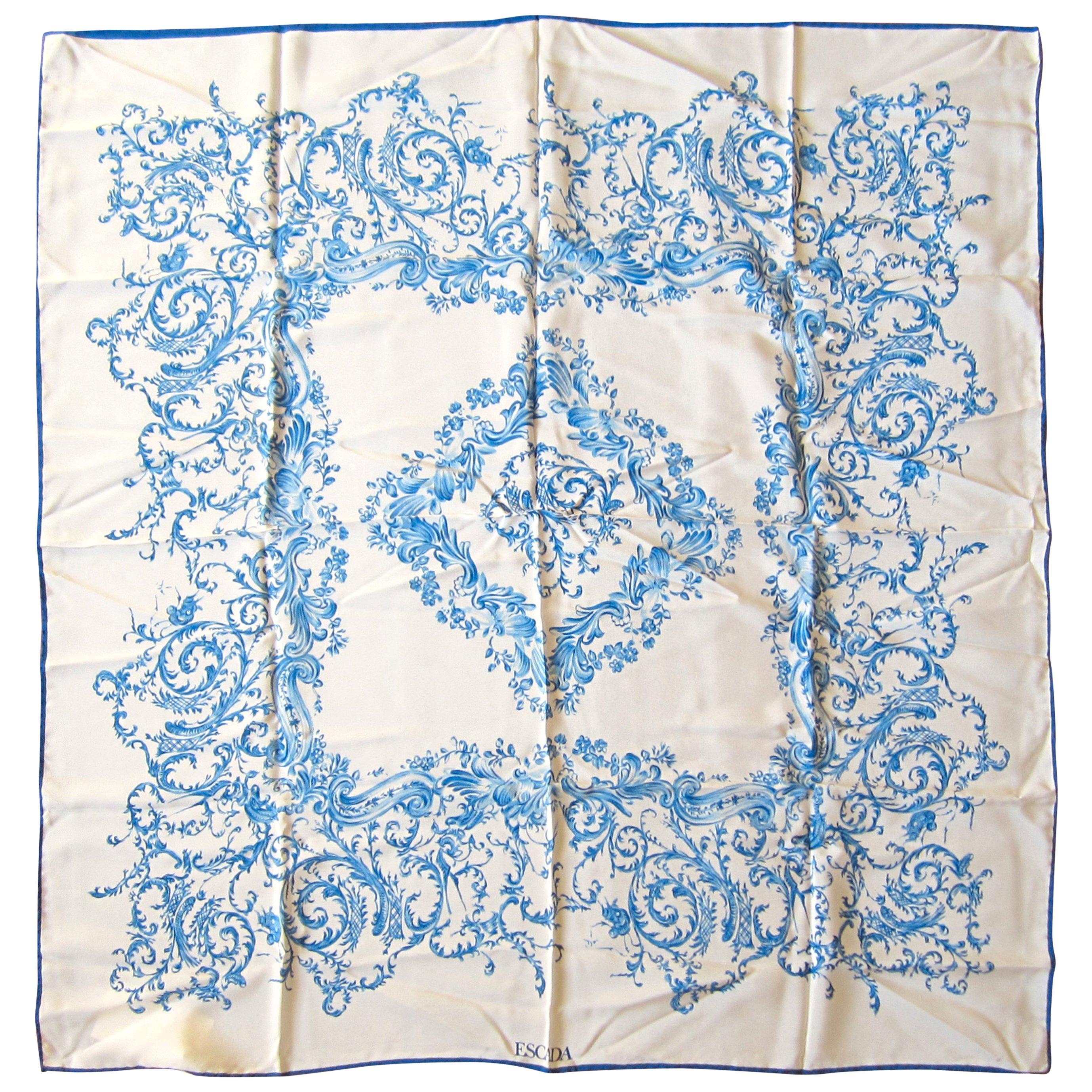  Escada Blue and White Silk Scarf Made in Italy New, Never Worn w/ Tag For Sale