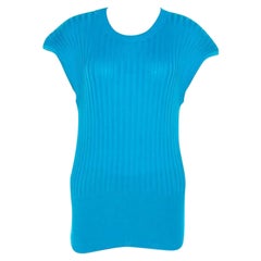 Escada Blue Cotton Ribbed Knit Crew Neck Top L