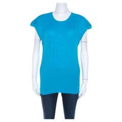 Escada Top azul de punto de algodón acanalado con cuello redondo L