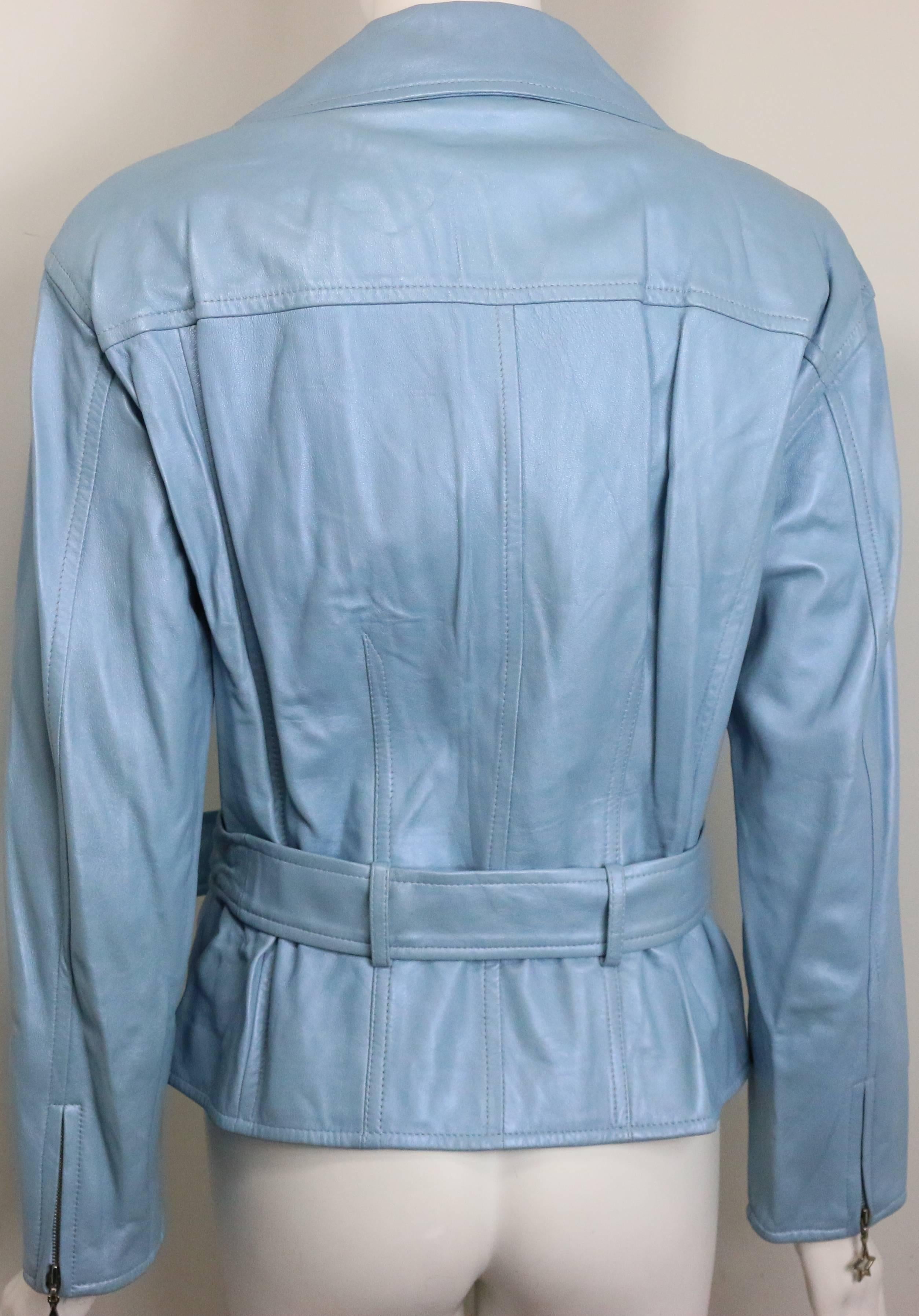 Escada Blue Leather Belted  Biker Jacket In Good Condition For Sale In Sheung Wan, HK