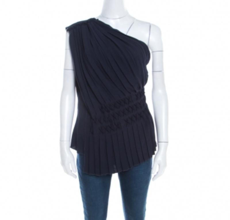 Escada Azul Plisado Crepe Nido De Abeja Smocking Detalle Un Hombro Nienke Top M en venta 1