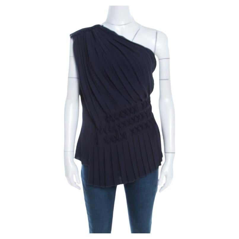 Escada Azul Plisado Crepe Nido De Abeja Smocking Detalle Un Hombro Nienke Top M en venta