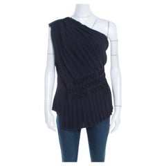 Escada Blue Pleated Crepe Honeycomb Smocking Detail One Shoulder Nienke Top M