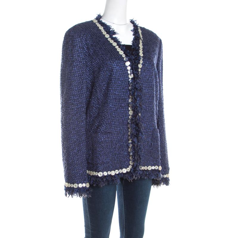Tailored from a blue fabric blend, this Boucle jacket is just amazing. It provides a textured feel with gorgeous button embellishments and a fringed edge. Designed by Escada, it will definitely suit your style statement.

Includes:  Price Tag