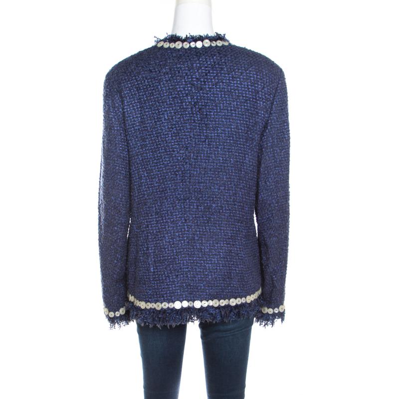 Escada Blue Textured Fringed Edge Button Embellished Boucle Jacket XL In Excellent Condition In Dubai, Al Qouz 2