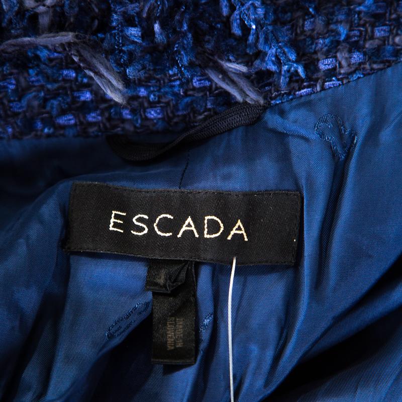 Women's Escada Blue Textured Fringed Edge Button Embellished Boucle Jacket XL