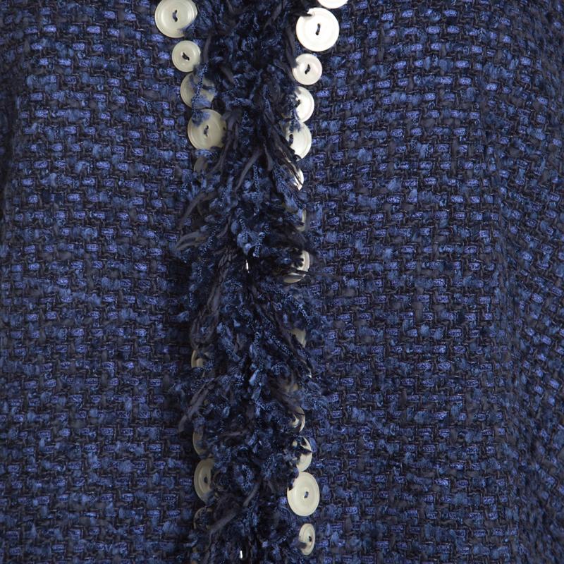 Escada Blue Textured Fringed Edge Button Embellished Boucle Jacket XL 2