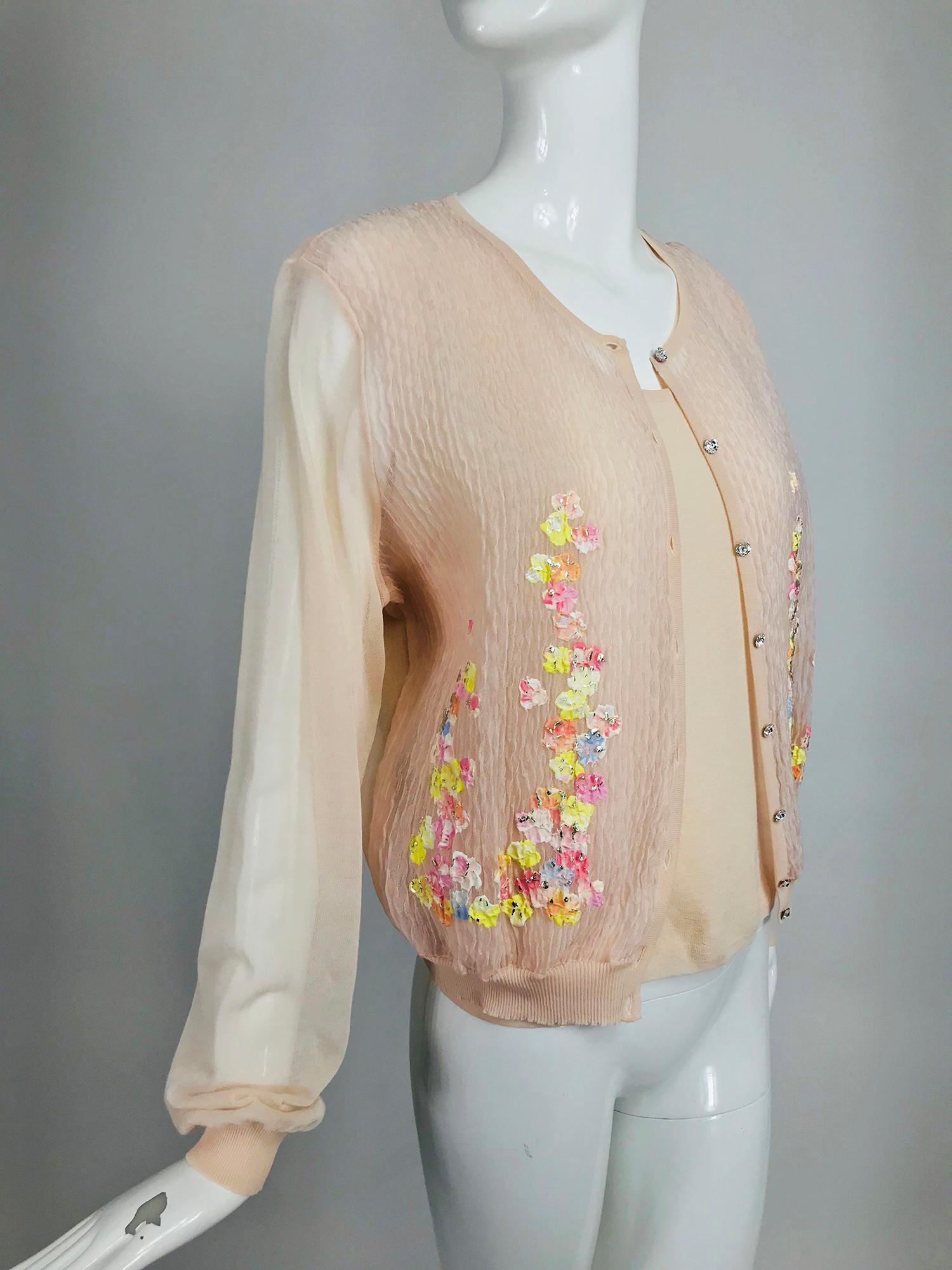 Women's Escada Blush Sweater Twin Set Floral Swarovski Crystal Buttons NWT XL