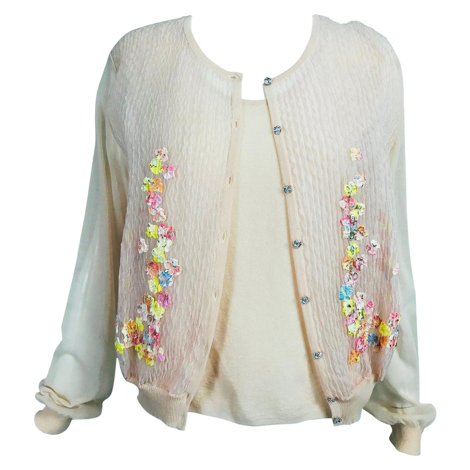 Escada Blush Sweater Twin Set Floral Swarovski Crystal Buttons NWT XL