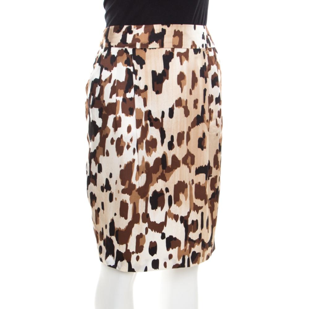 Beige Escada Brown Abstract Camouflage Printed Silk Satin Skirt M