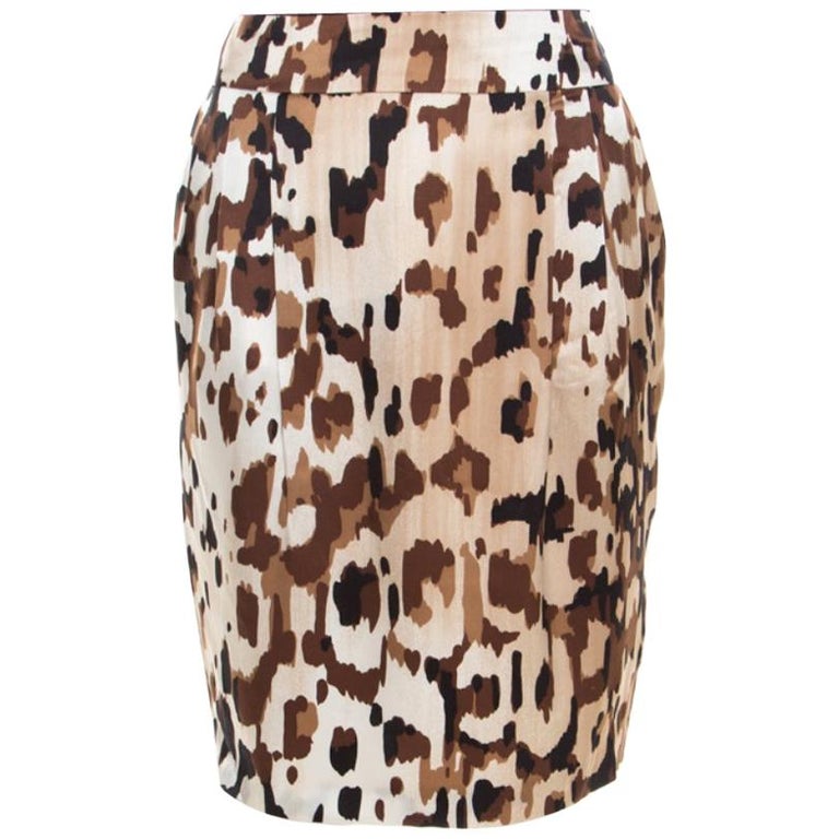 Escada Brown Abstract Camouflage Printed Silk Satin Skirt M For Sale at ...