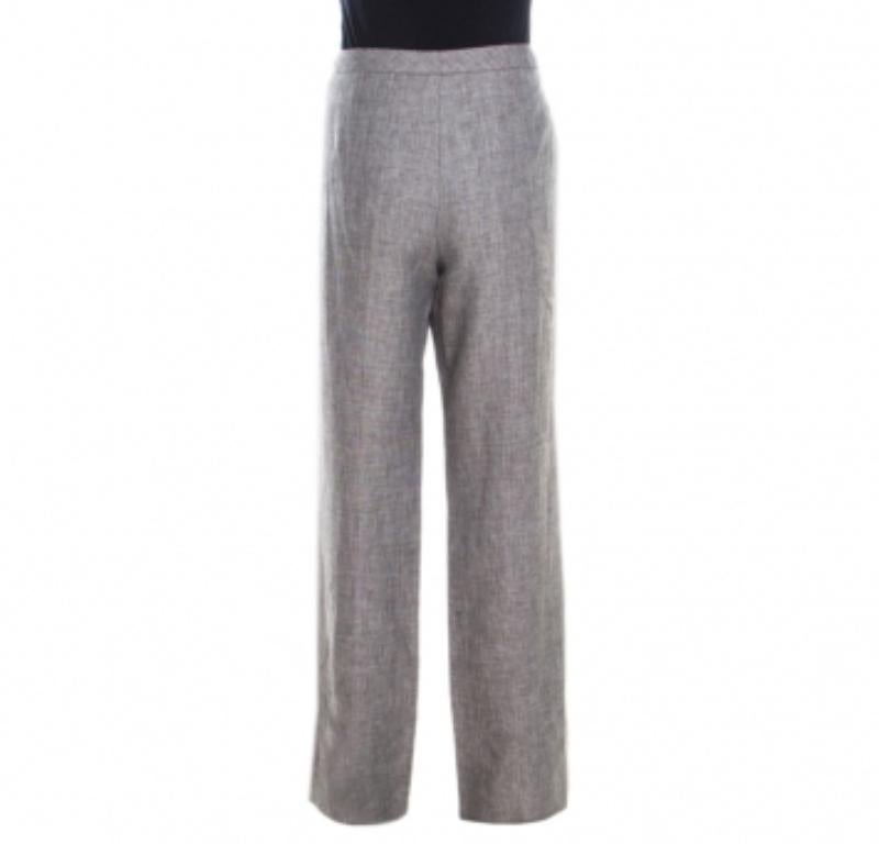 Gris Escada Brown Pantalon large en lin et laine tressés XL en vente