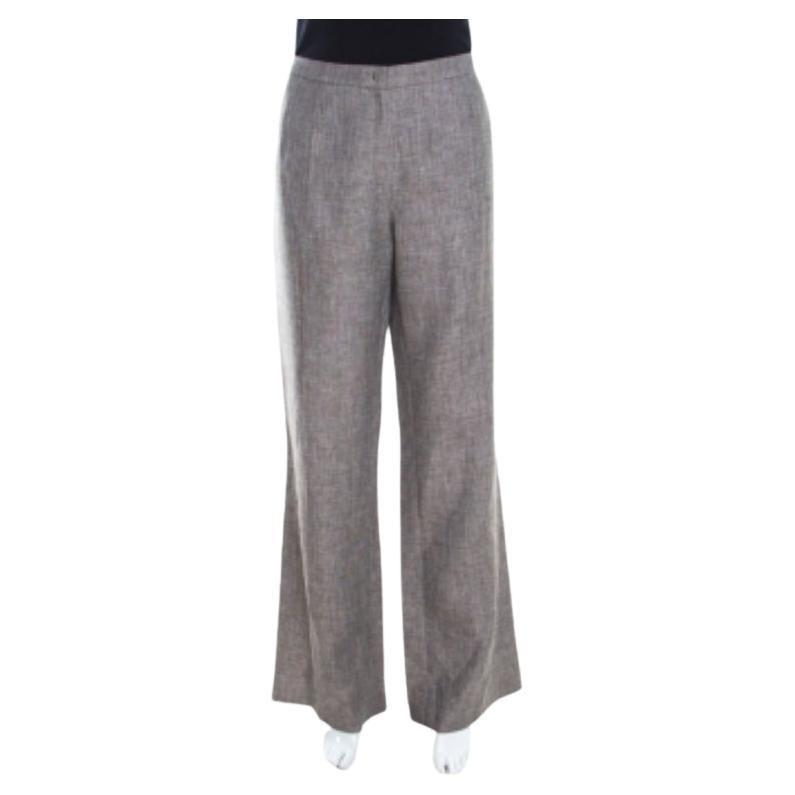 Escada Brown Pantalon large en lin et laine tressés XL en vente