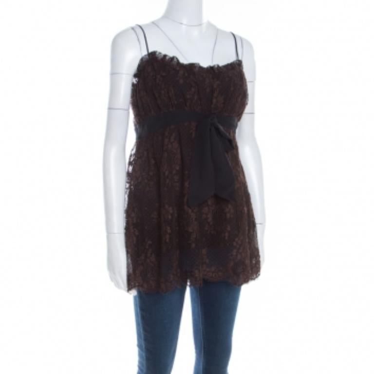 Escada Brown Floral Cotton Lace Babydoll Top L 1