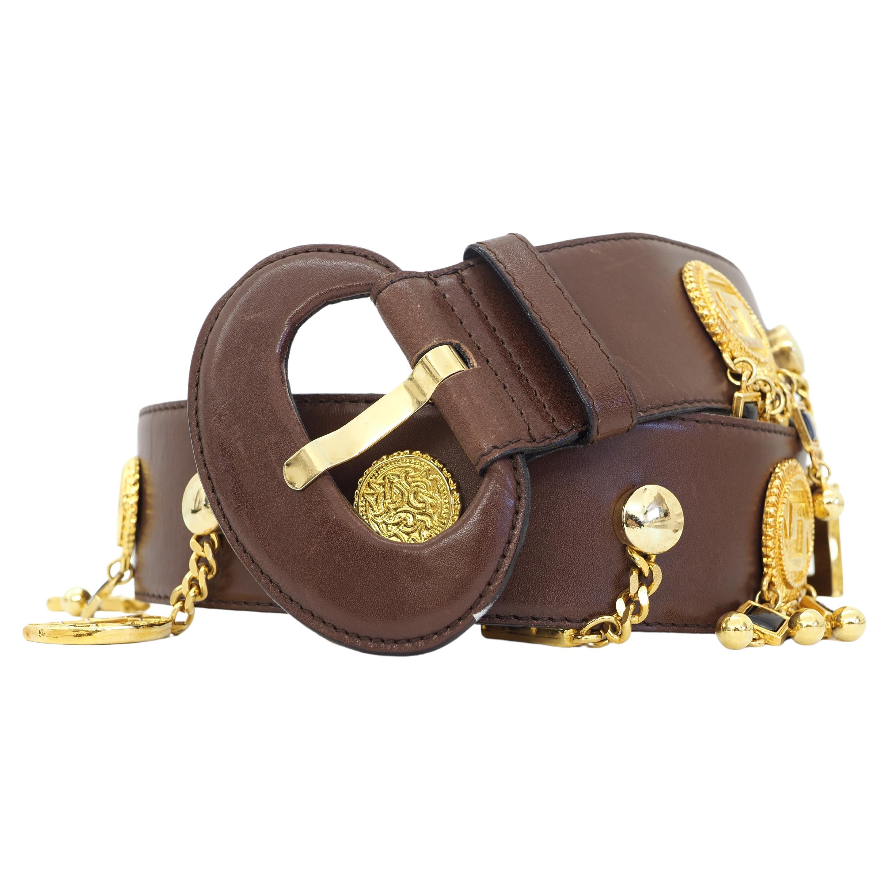 Escada brown leather gold hardware belt  For Sale