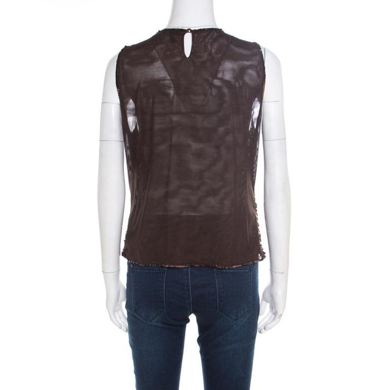 Escada Brown Sequin Embellished Nylon Mesh Sleeveless Top L For Sale at ...