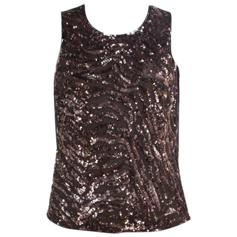 Gold & Dark Grey Beads Sheer Back Tagged Large Kleding Dameskleding Tops & T-shirts Tanktops Sequined Shift Top by Escada 