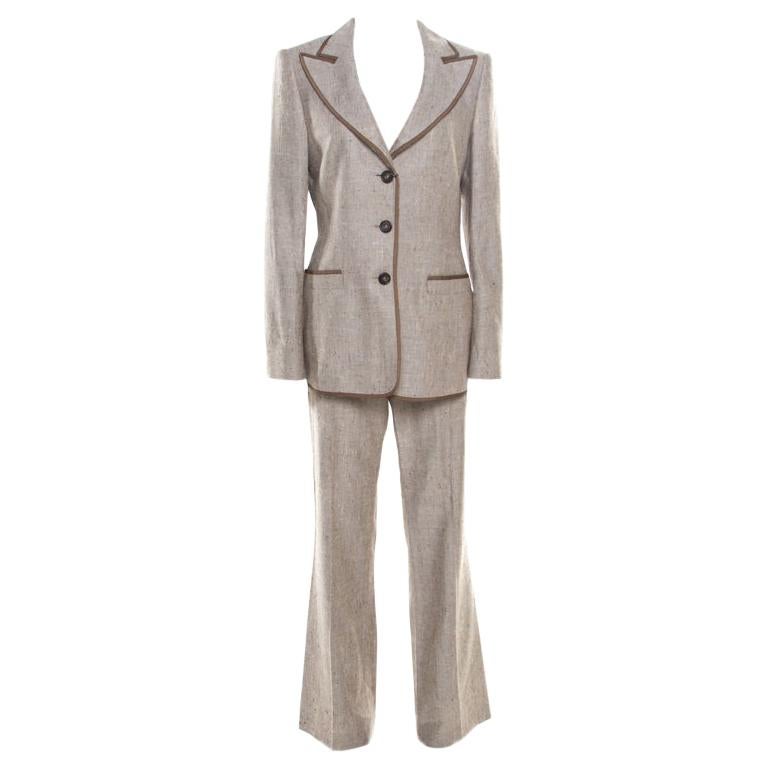 Escada Brown Textured Cotton and Silk Blend Tailored Pant Suit M