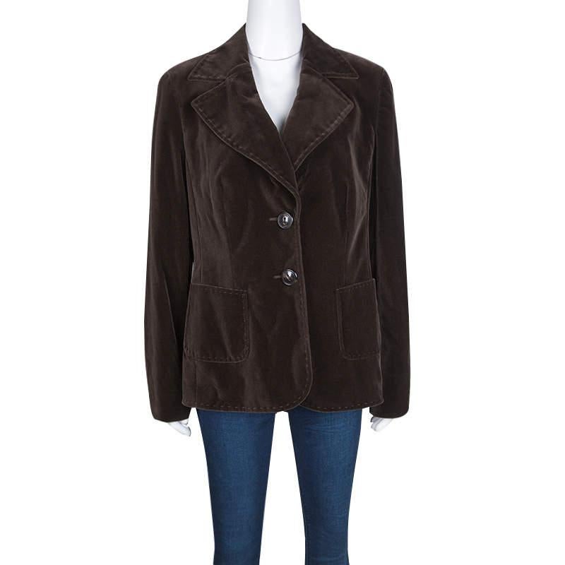 Escada Brown Velvet Top Stitch Detail Blazer M In Good Condition For Sale In Dubai, Al Qouz 2