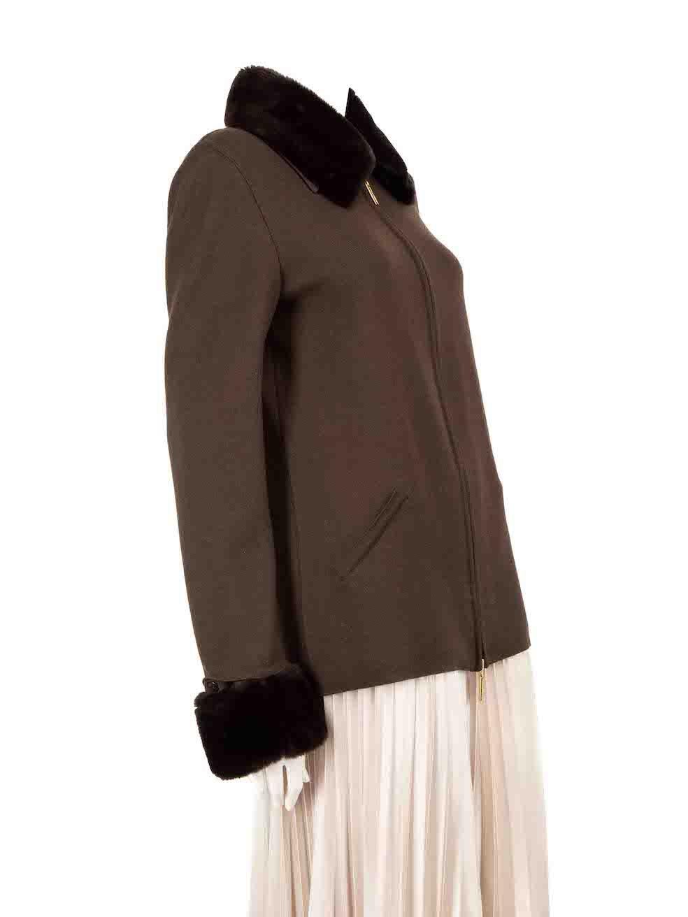 CONDITION is Very good. Hardly any visible wear to the jacket is evident on this used Escada designer resale item.
 
 
 
 Details
 
 
 Brown
 
 Wool
 
 Jacket
 
 Detachable fur trim on collar and cuffs
 
 Zip fastening
 
 2x Side pockets
 
 
 
 
 
