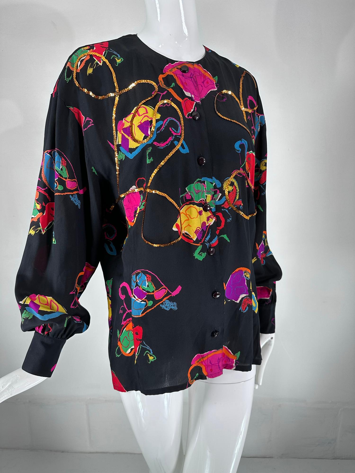 Escada by Margaretha Ley Black Silk Printed Round Neck Blouse with Sequins size 40, from the 1990s. Black silk with a bright abstract print throughout. The blouse is sewn with a winding path of copper sequins front & back. Dropped shoulder line,