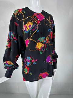 Escada by Margaretha Ley Black Silk Printed Round Neck Blouse with Sequins 40