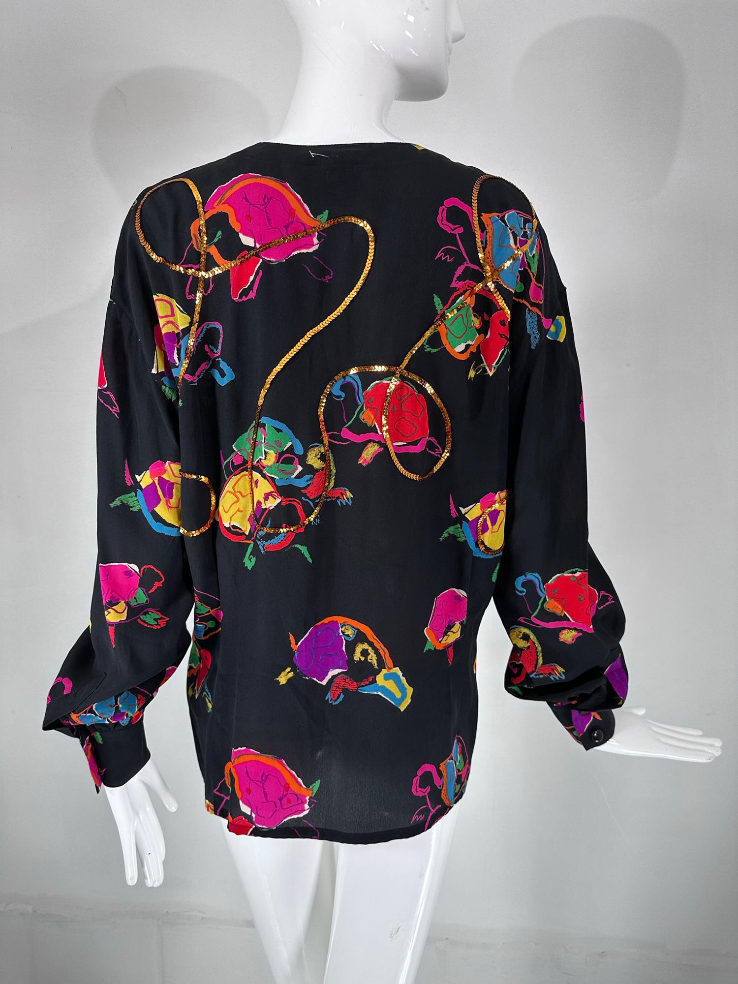  Escada by Margaretha Ley Black Silk Printed Round Neck Blouse with Sequins 40 For Sale 2