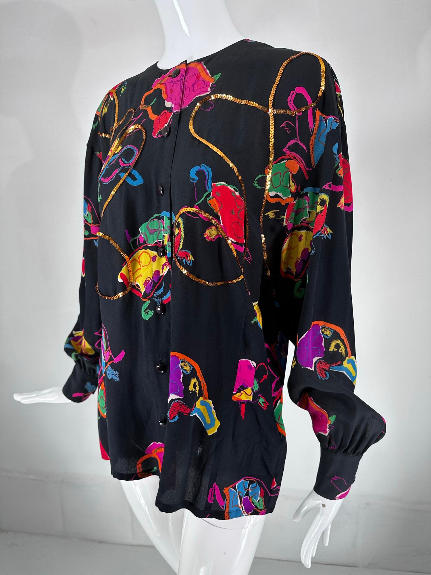  Escada by Margaretha Ley Black Silk Printed Round Neck Blouse with Sequins 40 For Sale 4