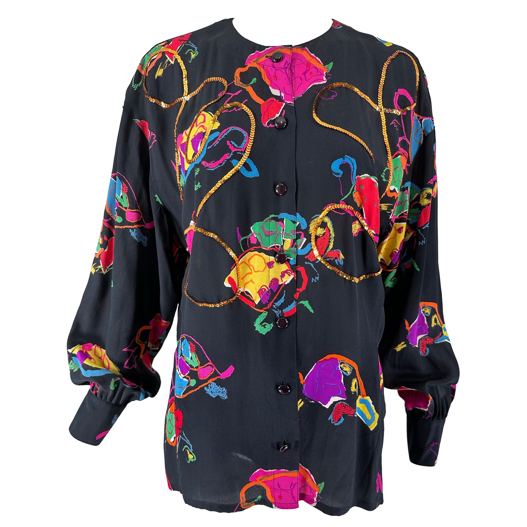 Escada by Margaretha Ley Schwarze bedruckte Seidenbluse mit rundem Ausschnitt und Pailletten 40