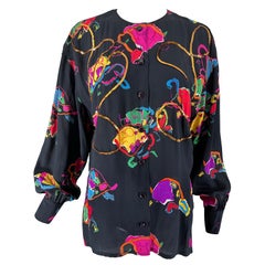 Escada by Margaretha Ley Blusa de seda negra estampada con cuello redondo y lentejuelas 40