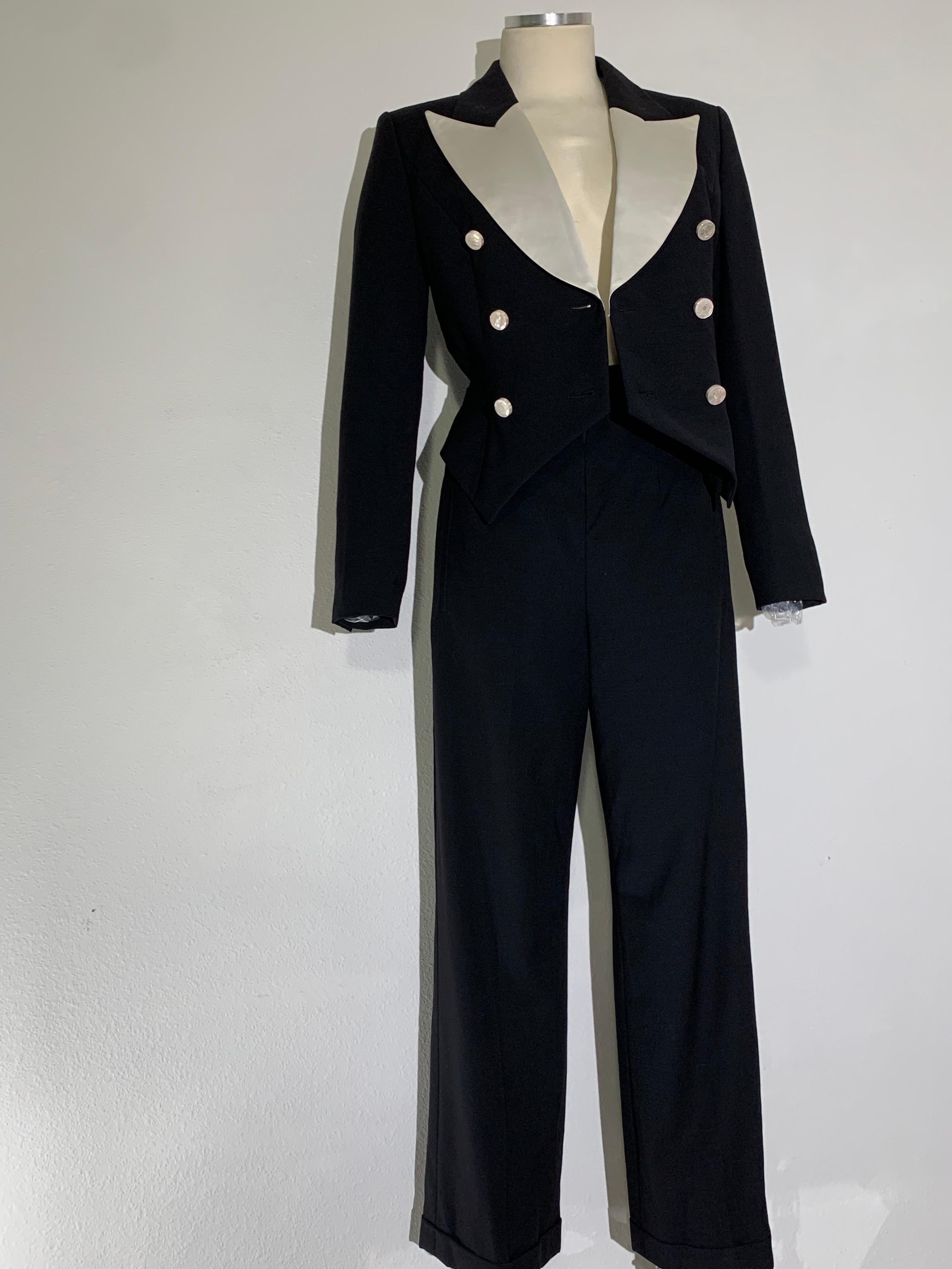 Escada By Margaretha Ley Tuta in gabardine di lana nera e raso di seta bianca 11