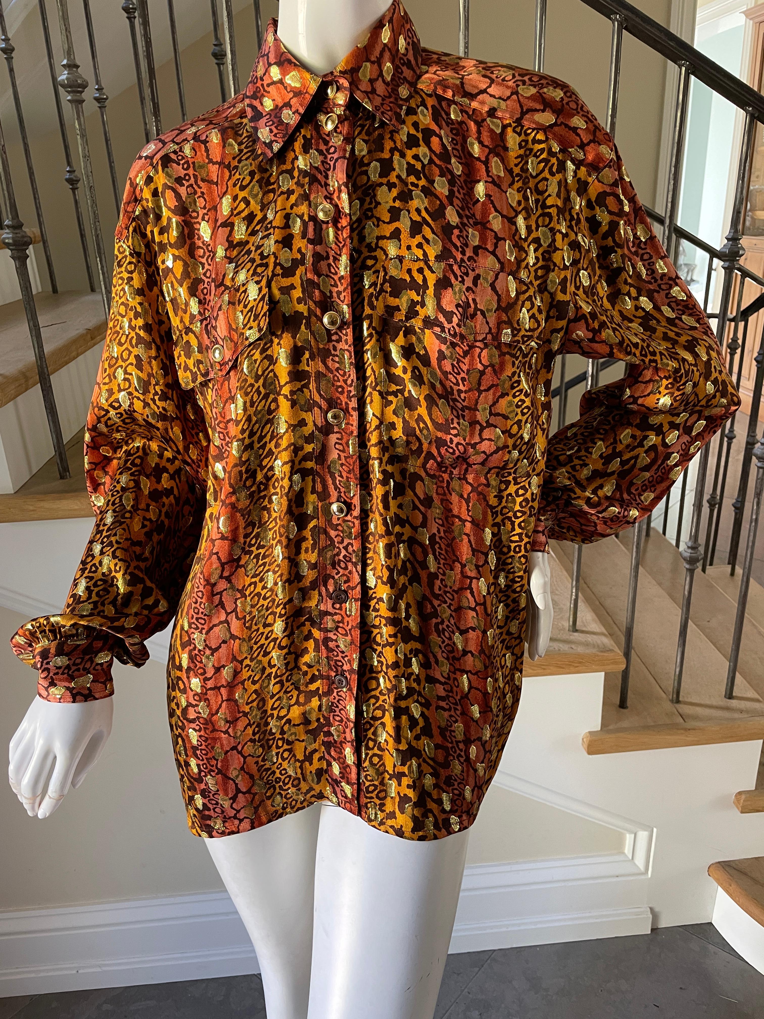Brown Escada by Margaretha Ley Vintage Leopard Print Silk Blouse with Gold Spots For Sale