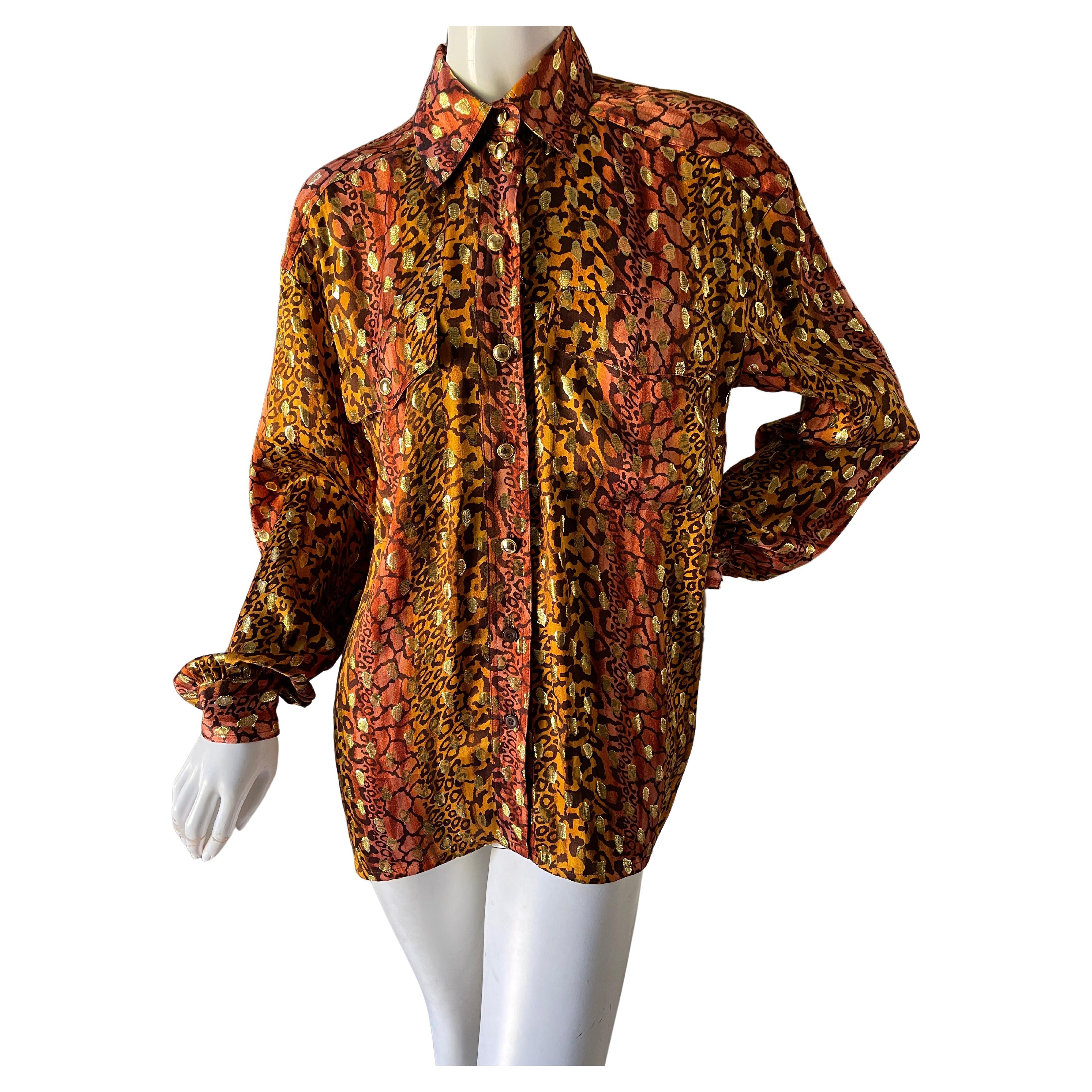 Escada by Margaretha Ley Vintage Leopard Print Silk Blouse with Gold Spots For Sale