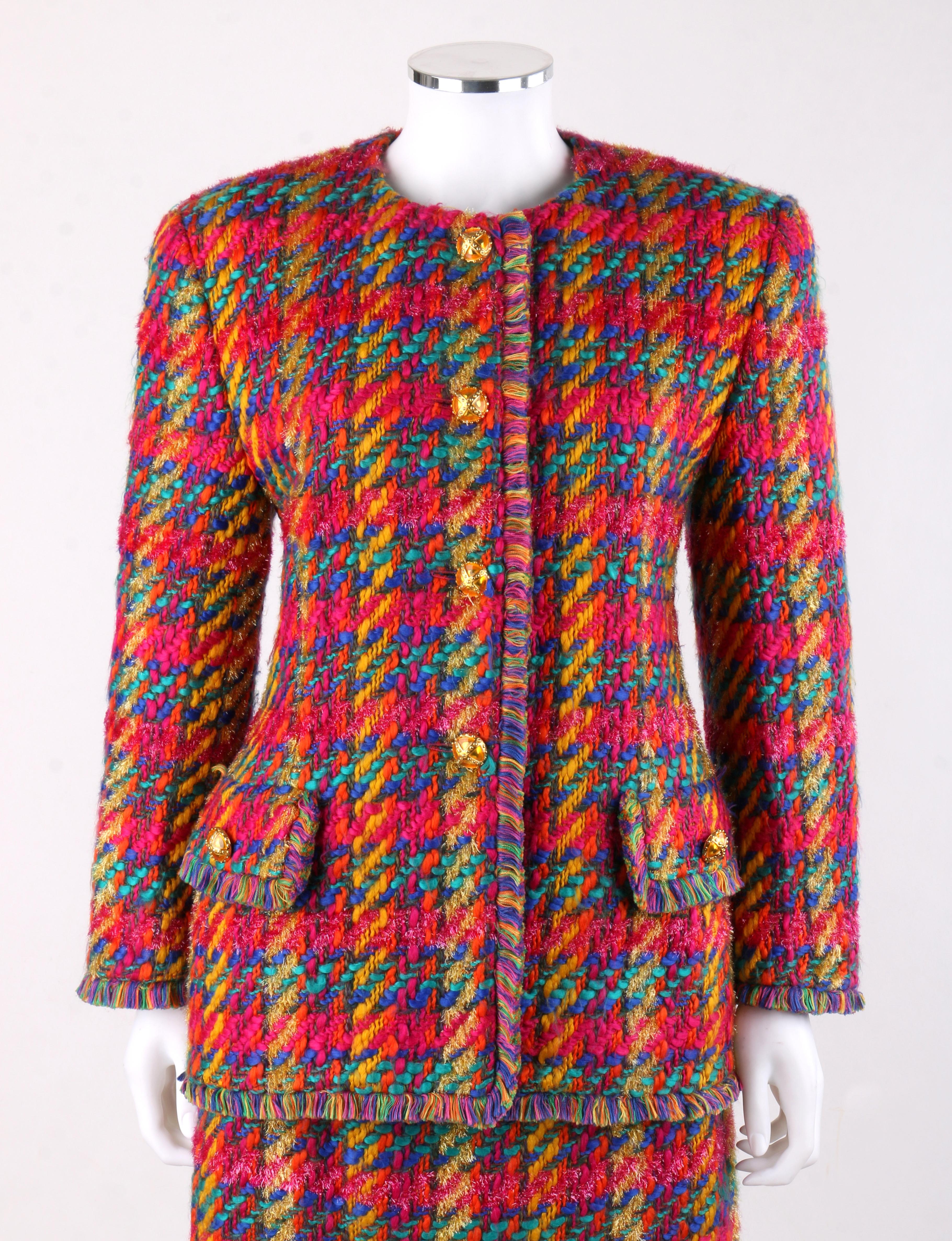 ESCADA c.1990's MARGARETHA LEY Tweed Boucle Knit Multi-Color Jacket Suit Set
Circa: 1990’s
Label(s): Escada Margaretha Ley
Designer: Margaretha Ley
Style: Single breasted suit jacket with straight skirt
Color(s): Shades of pink, orange, blue,