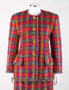 ESCADA c.1990's MARGARETHA LEY Tweed Boucle Mehrfarbiges Jacke Rock Anzug Set