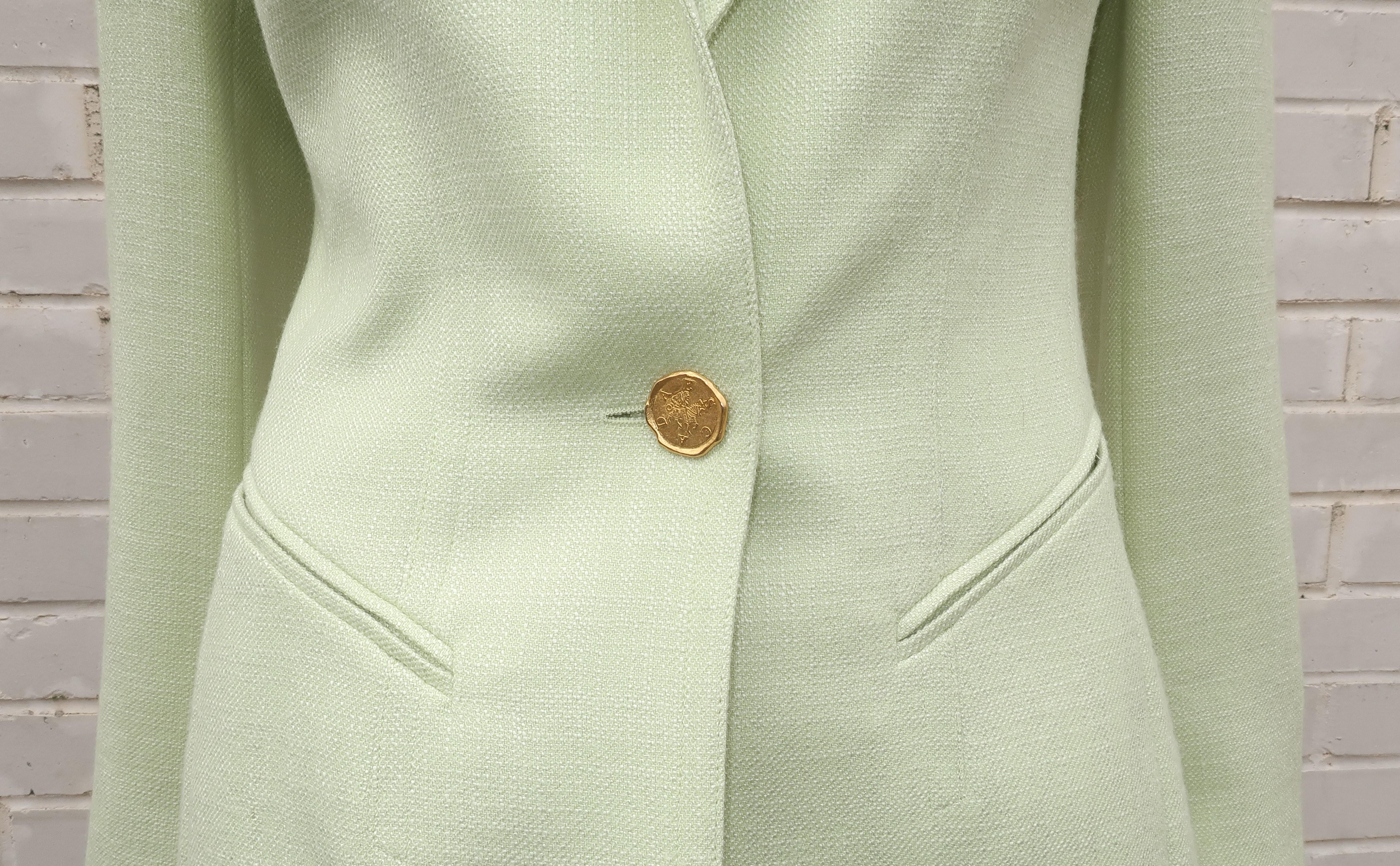 Gray Escada Celery Green Silk & Wool Skirt Suit