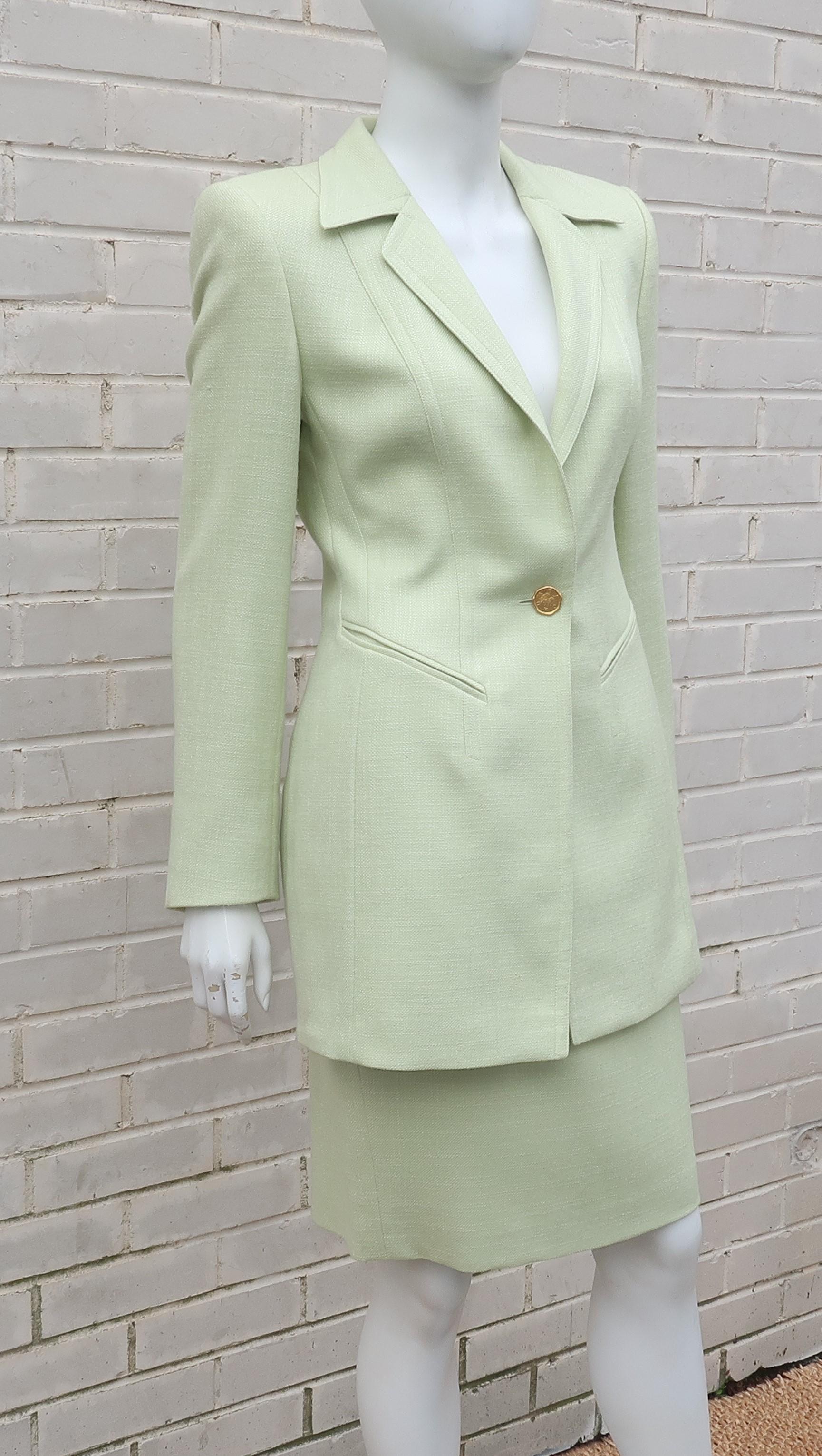 Escada Celery Green Silk & Wool Skirt Suit In Good Condition In Atlanta, GA