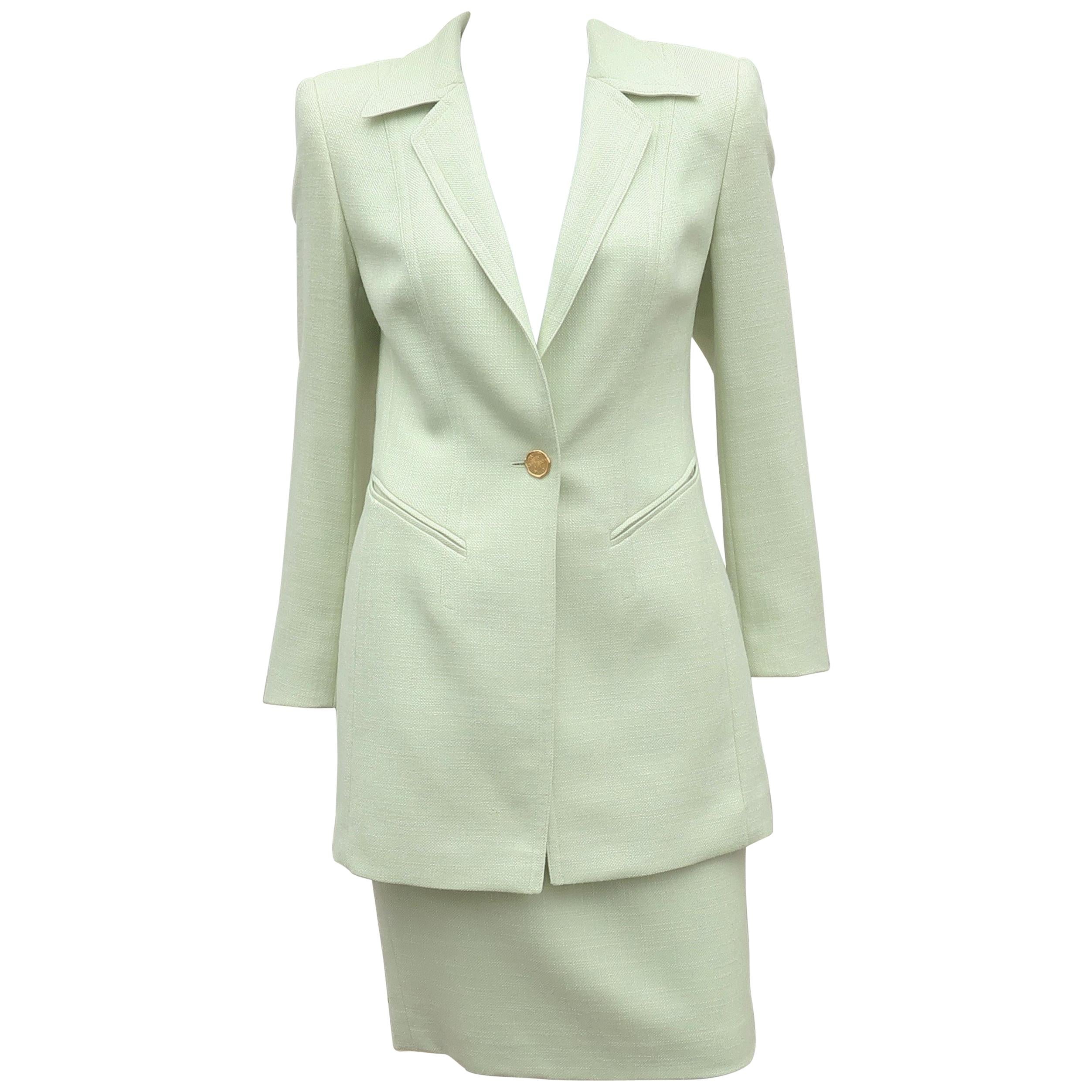 Escada Celery Green Silk & Wool Skirt Suit