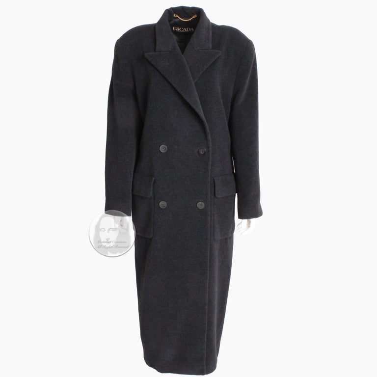 Escada Coat Double Breasted Charcoal Gray Pure New Wool Trench Style Vintage M/L In Good Condition For Sale In Port Saint Lucie, FL