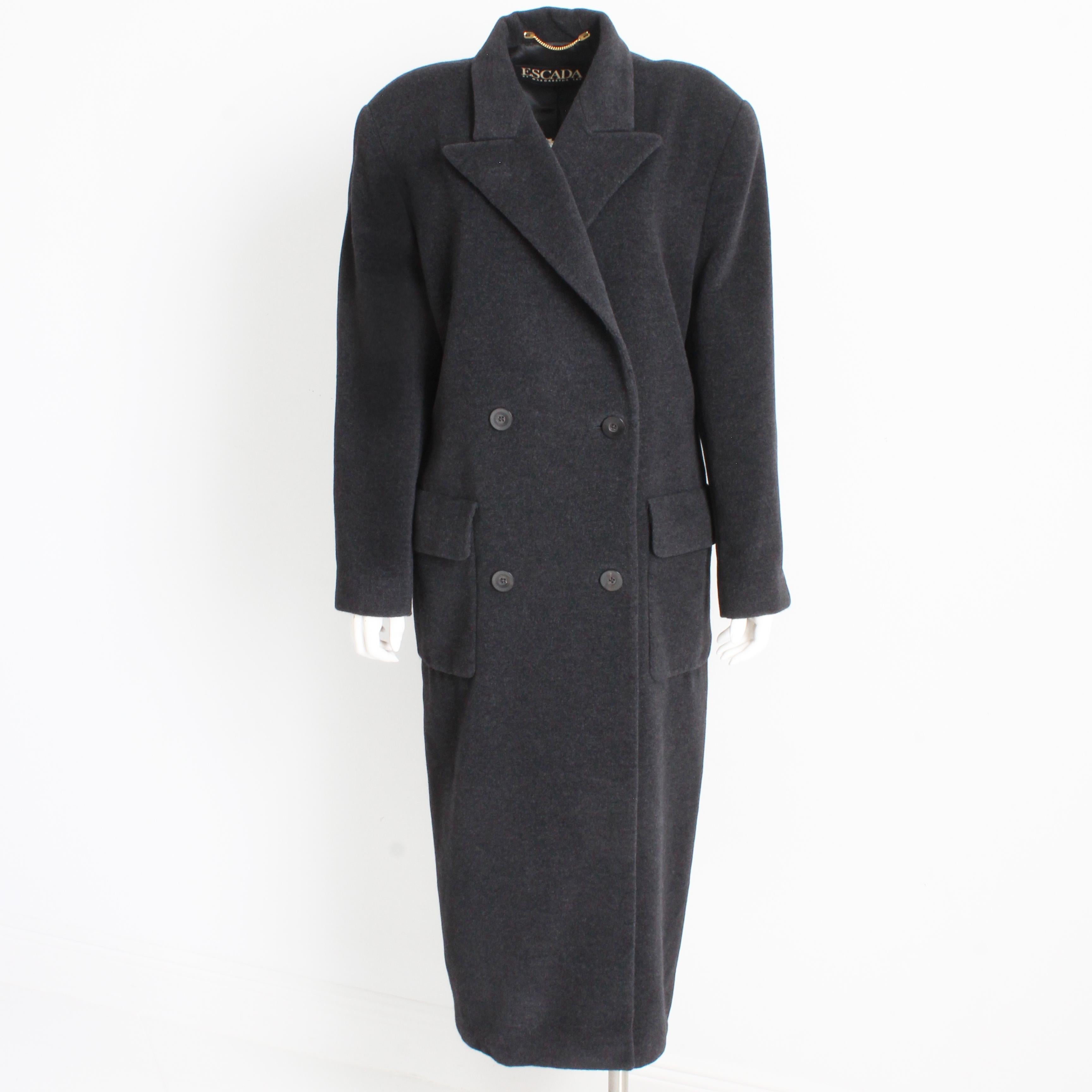 Escada Coat Double Breasted Charcoal Gray Pure New Wool Trench Style Vintage M/L For Sale 4