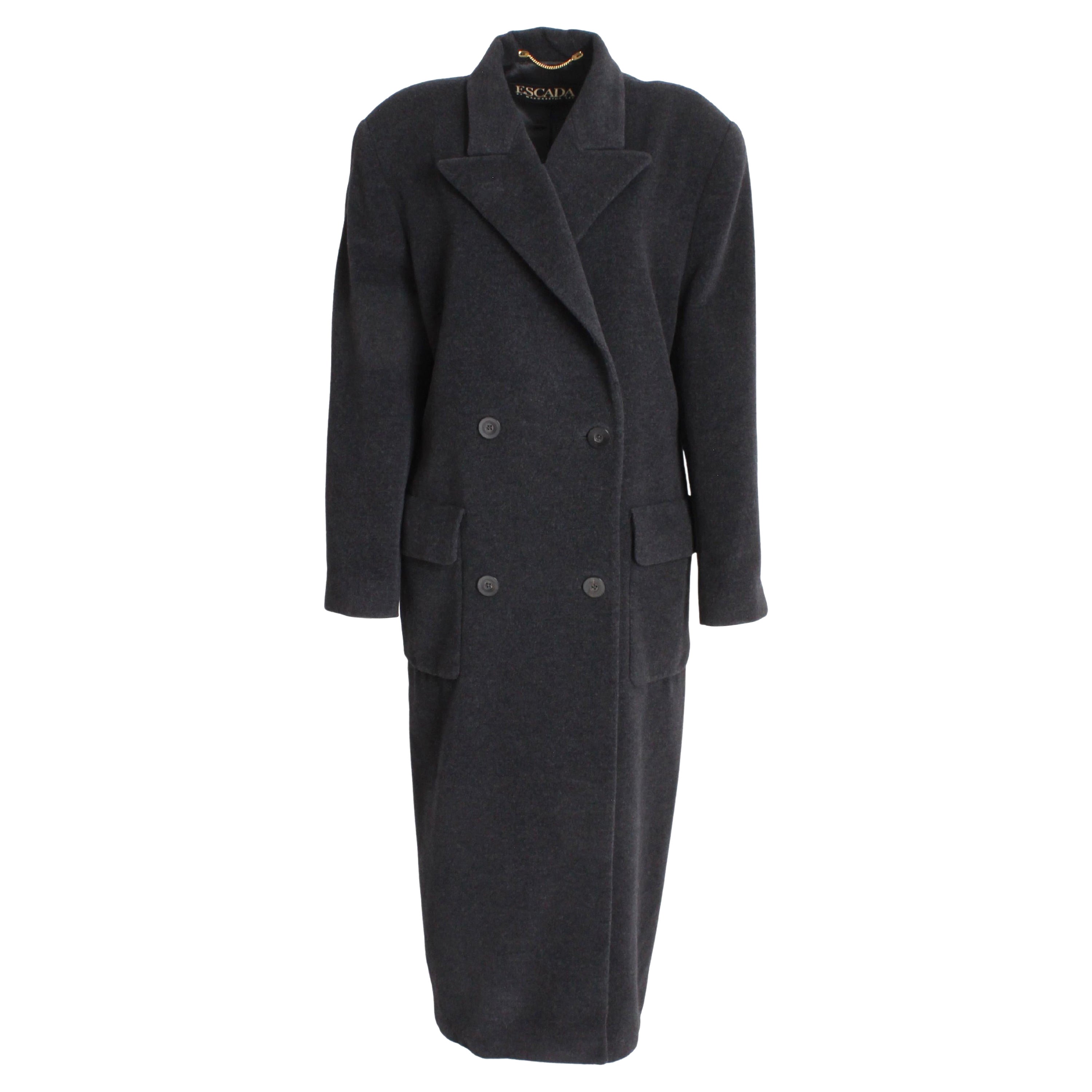Escada Coat Double Breasted Charcoal Gray Pure New Wool Trench Style Vintage M/L en vente