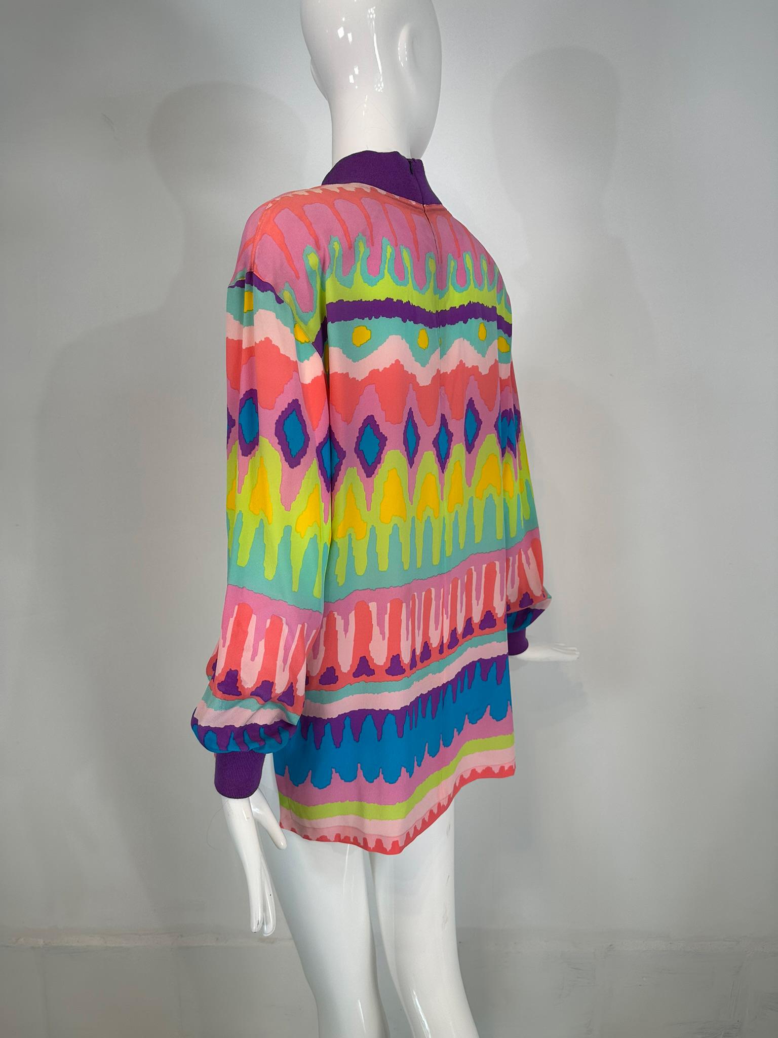Escada Colourful Silk Crepe Stripe Pull on Tunic Knit Collar & Cuffs 1980s For Sale 5