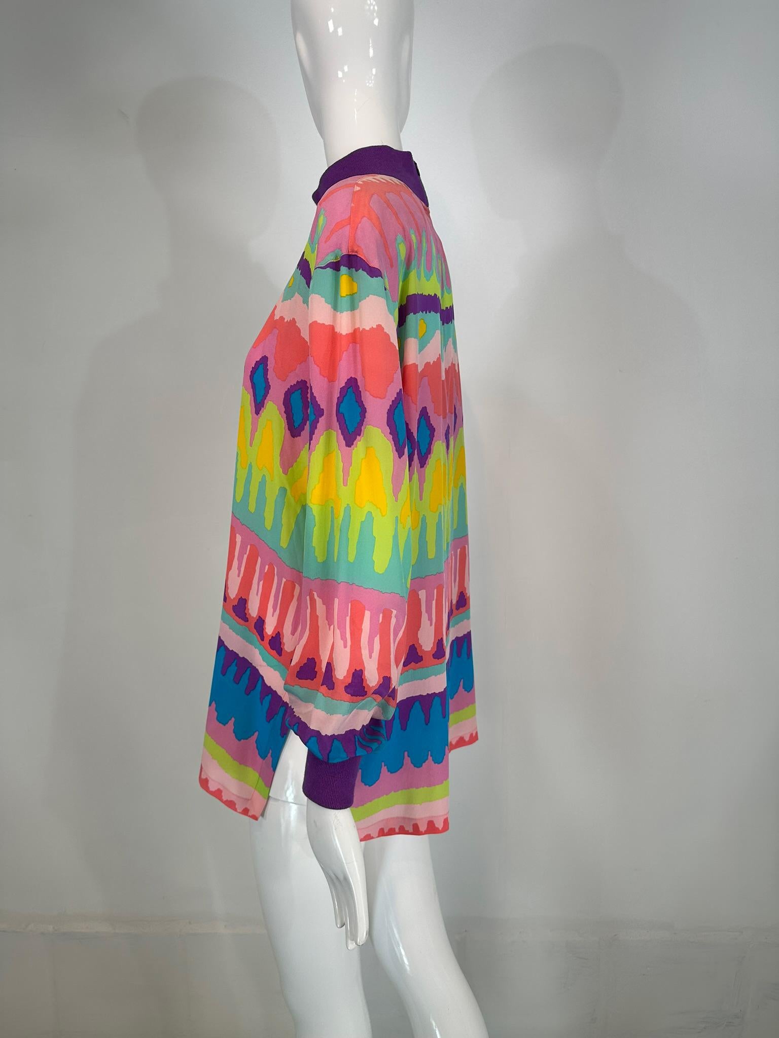 Escada Colourful Silk Crepe Stripe Pull on Tunic Knit Collar & Cuffs 1980s For Sale 6