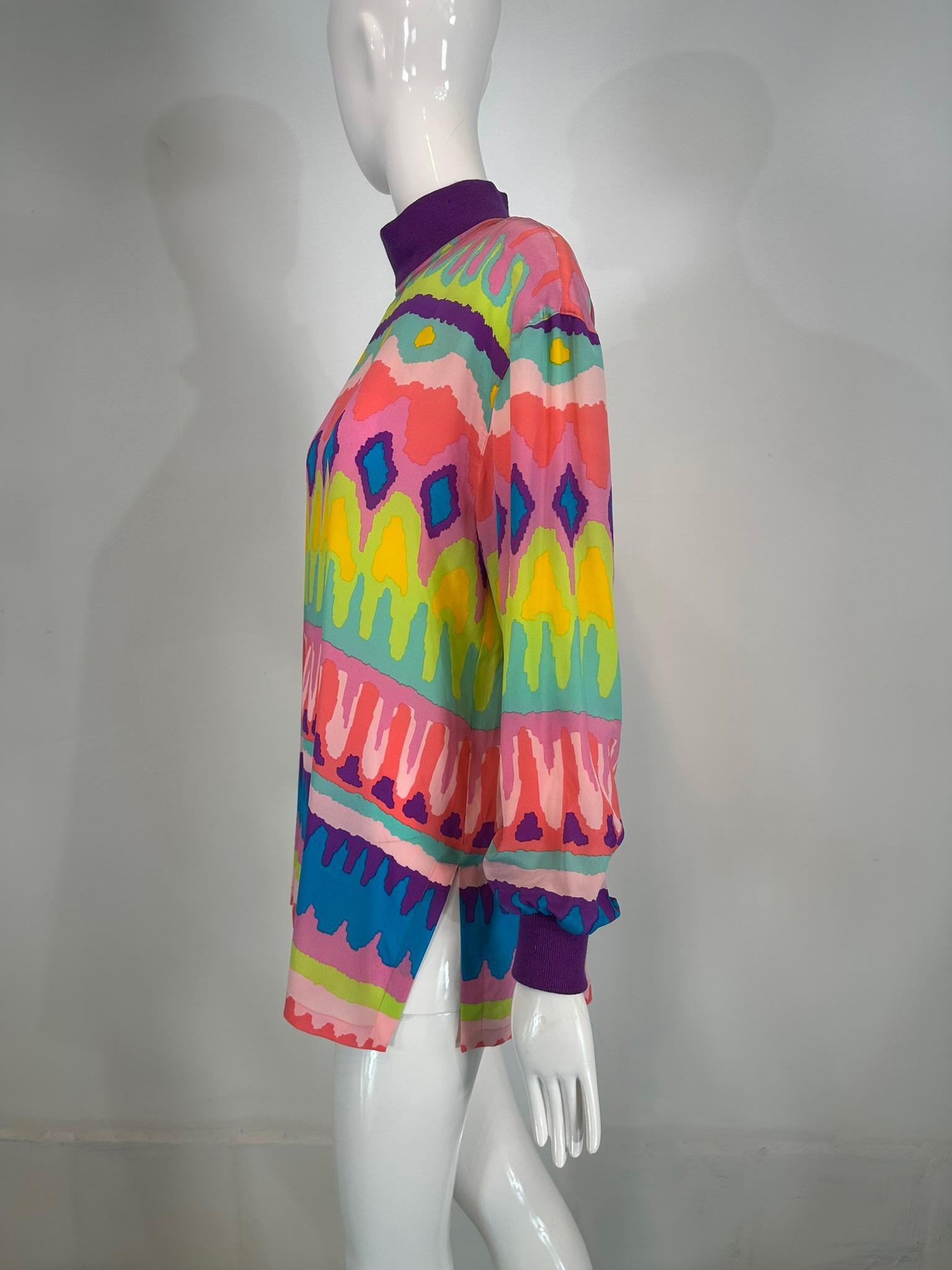 Escada Colourful Silk Crepe Stripe Pull on Tunic Knit Collar & Cuffs 1980s For Sale 7