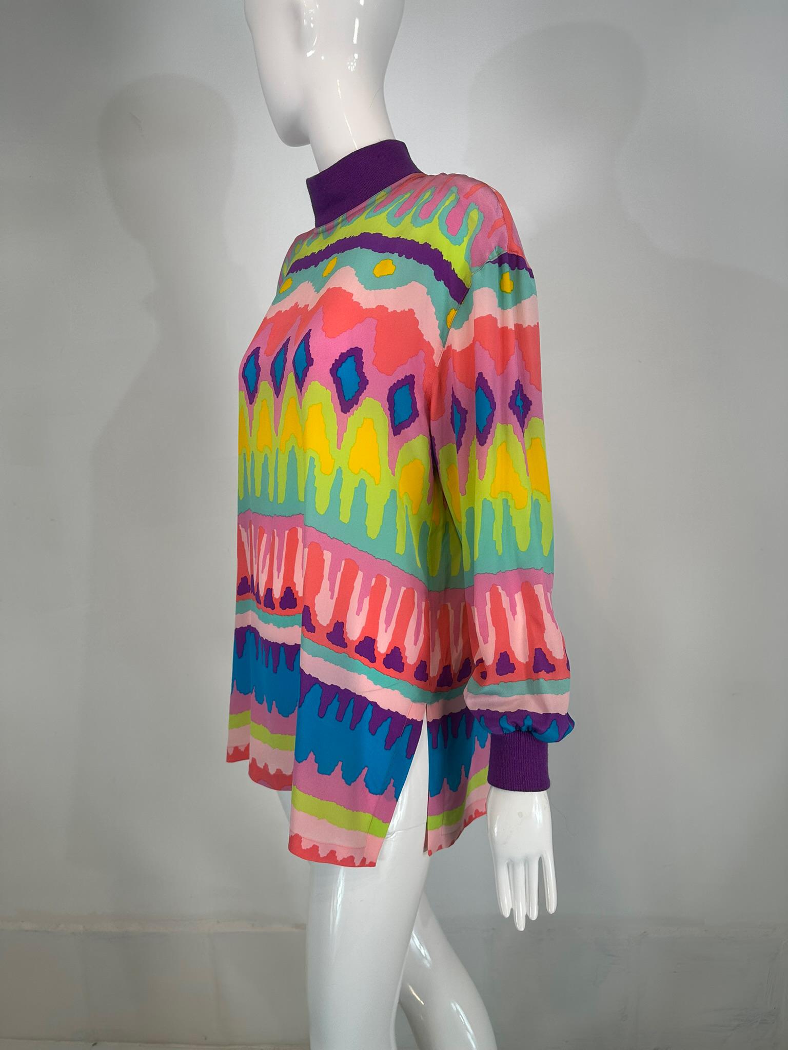 Escada Colourful Silk Crepe Stripe Pull on Tunic Knit Collar & Cuffs 1980s For Sale 8