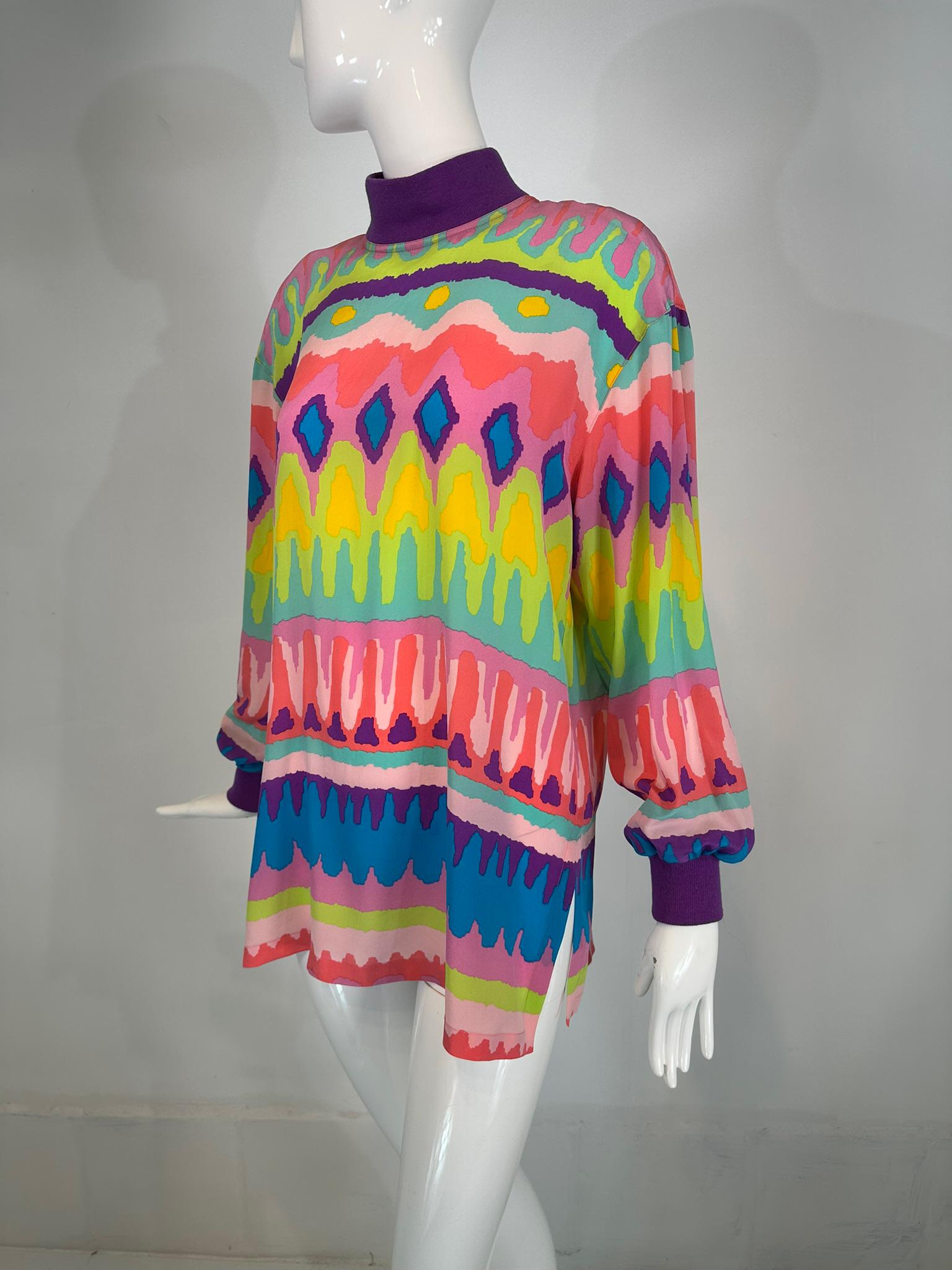 Escada Colourful Silk Crepe Stripe Pull on Tunic Knit Collar & Cuffs 1980s For Sale 9