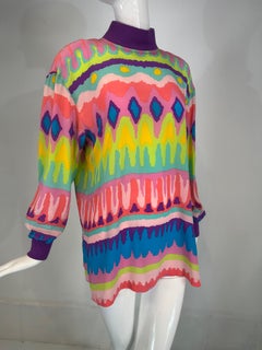 Escada Colourful Silk Crepe Stripe Pull on Tunic Knit Collar & Cuffs 1980s