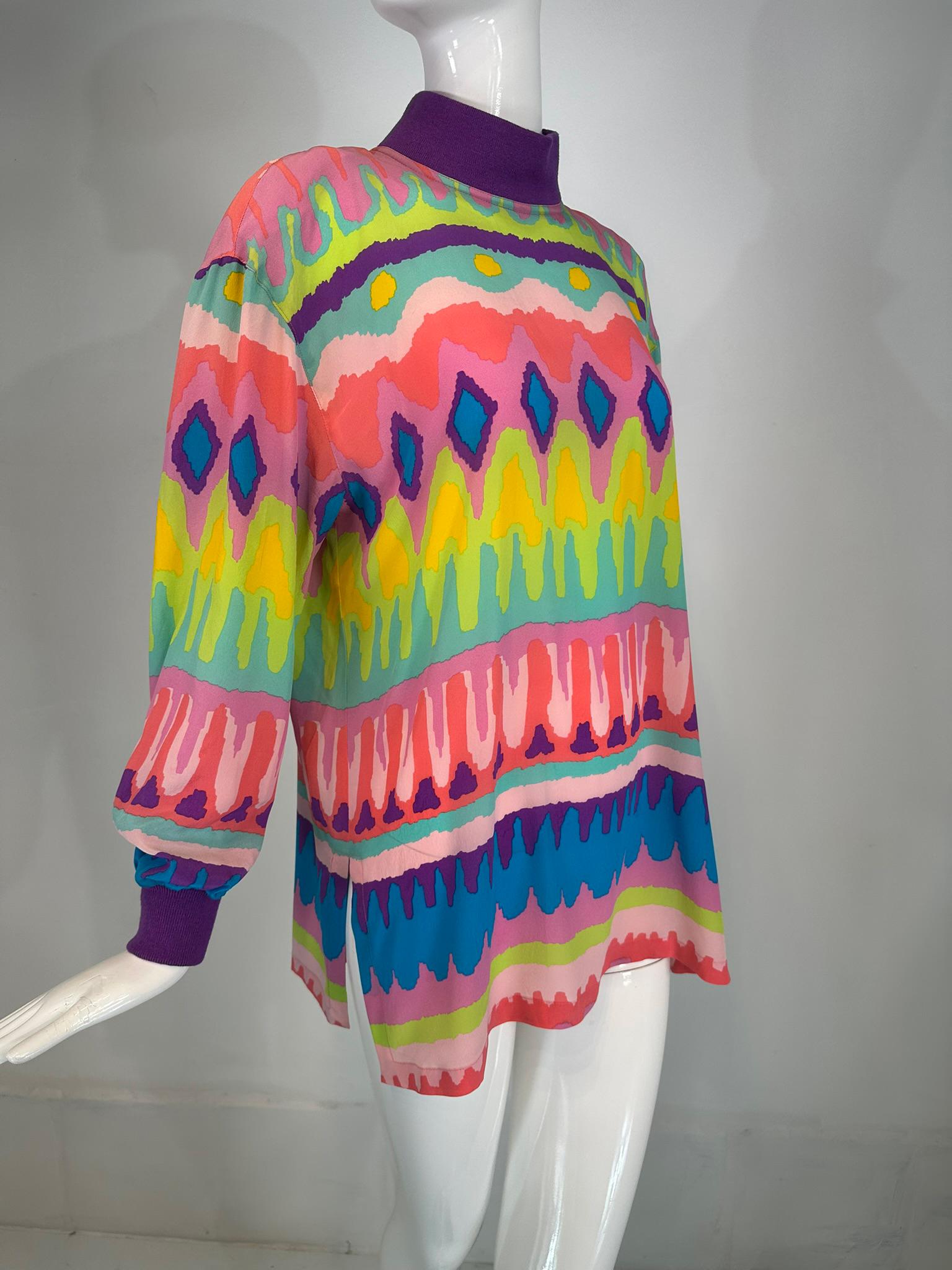 Brown Escada Colourful Silk Crepe Stripe Pull on Tunic Knit Collar & Cuffs 1980s For Sale